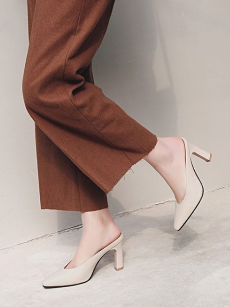 Mules Pour Femmes Sabots Cuir Sauge Bout Pointu Chaussures À Enfiler - Beige