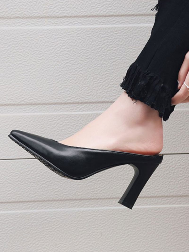 Mules Pour Femmes Sabots Cuir Sauge Bout Pointu Chaussures À Enfiler - Noir