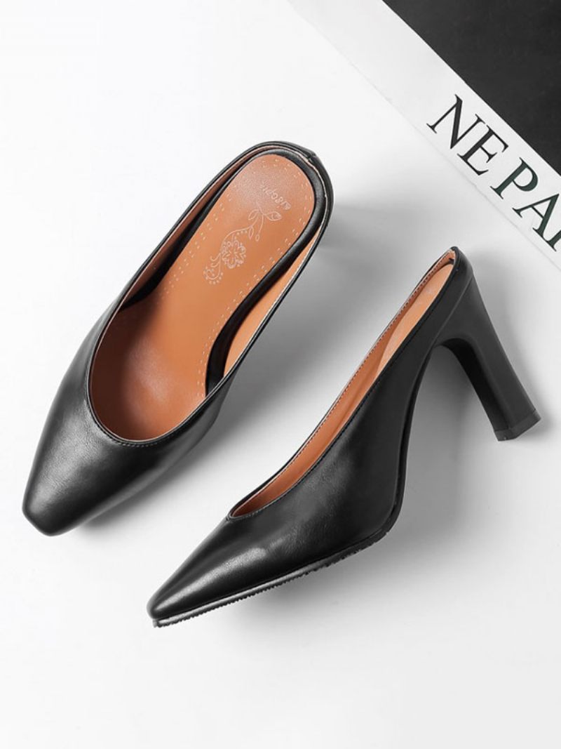 Mules Pour Femmes Sabots Cuir Sauge Bout Pointu Chaussures À Enfiler - Noir