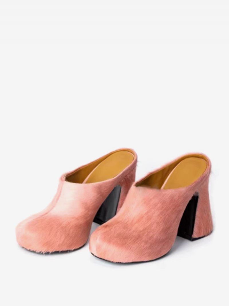 Mules Noires Pour Femmes Chaussures À Talon Chiot Crin Cheval - Rose