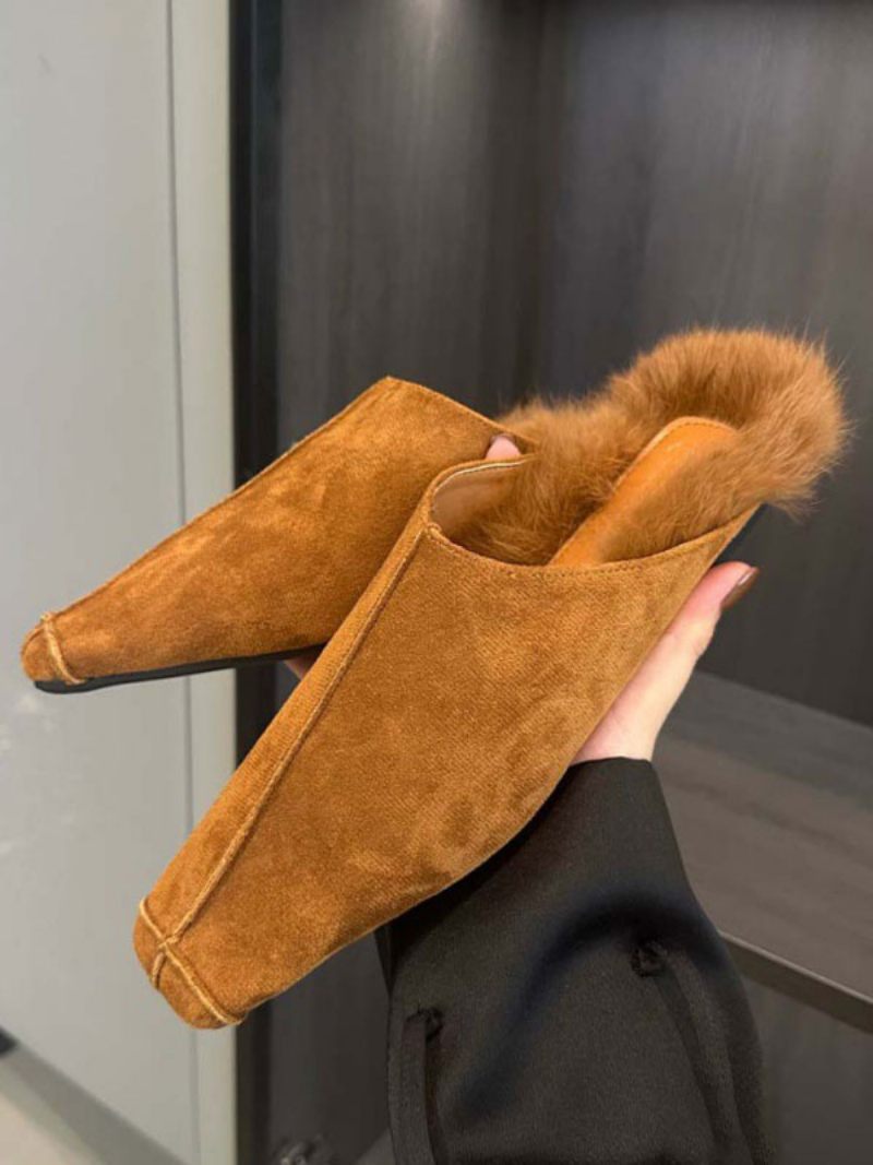 Mules Plates Daim Pour Femmes Chaussures D'hiver À Bout Carré