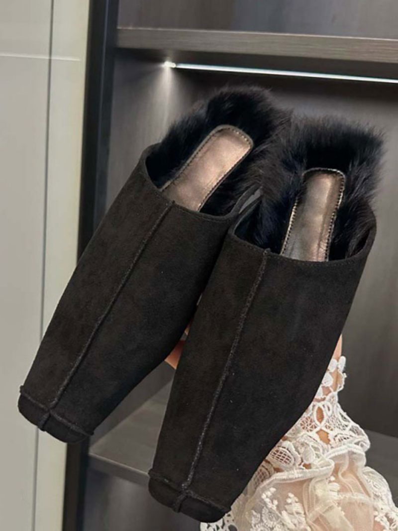 Mules Plates Daim Pour Femmes Chaussures D'hiver À Bout Carré - Noir