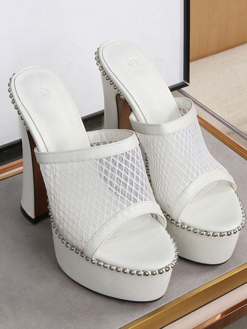 Mules À Talons Épais Et Plateforme Maille Cloutée Pour Femmes - Blanc