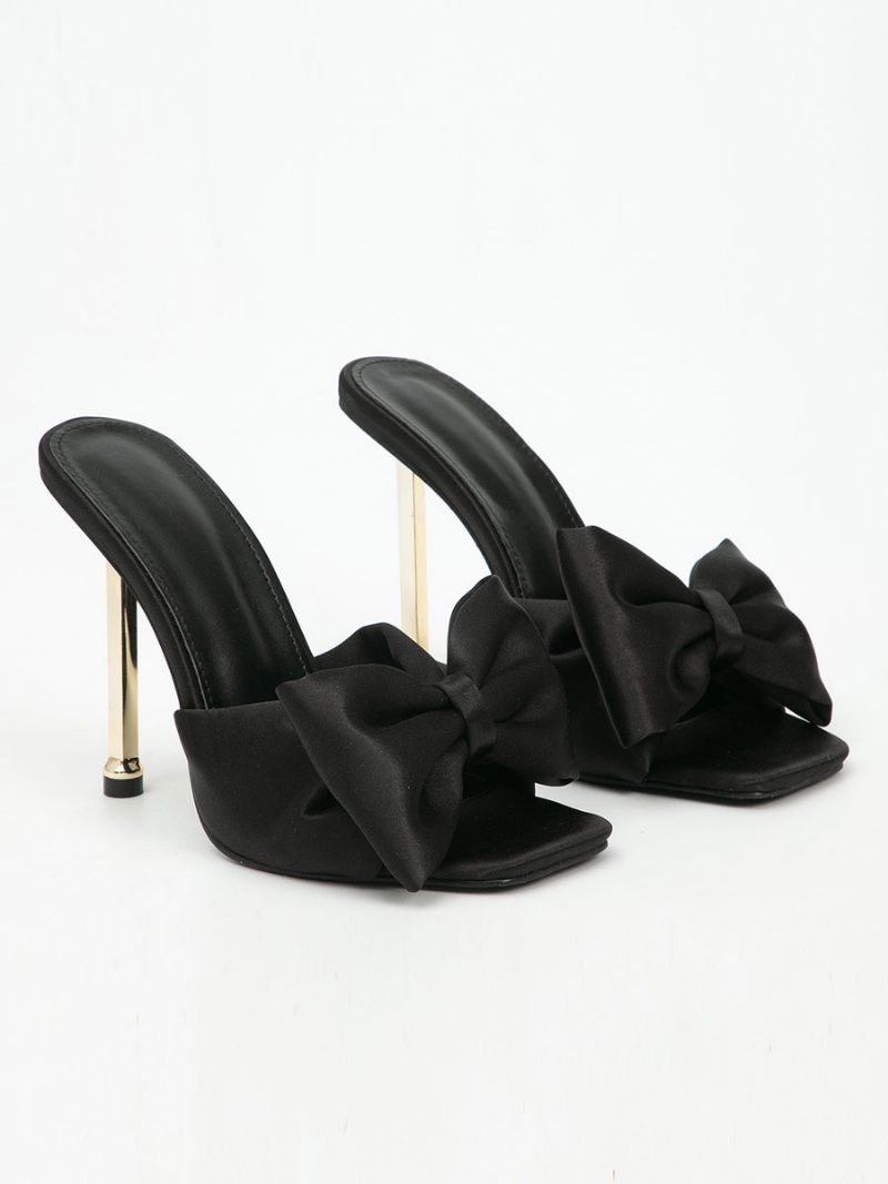 Mules À Talons Pour Femmes Avec Nœuds Et Talon Aiguille Satin Sarcelle - Noir