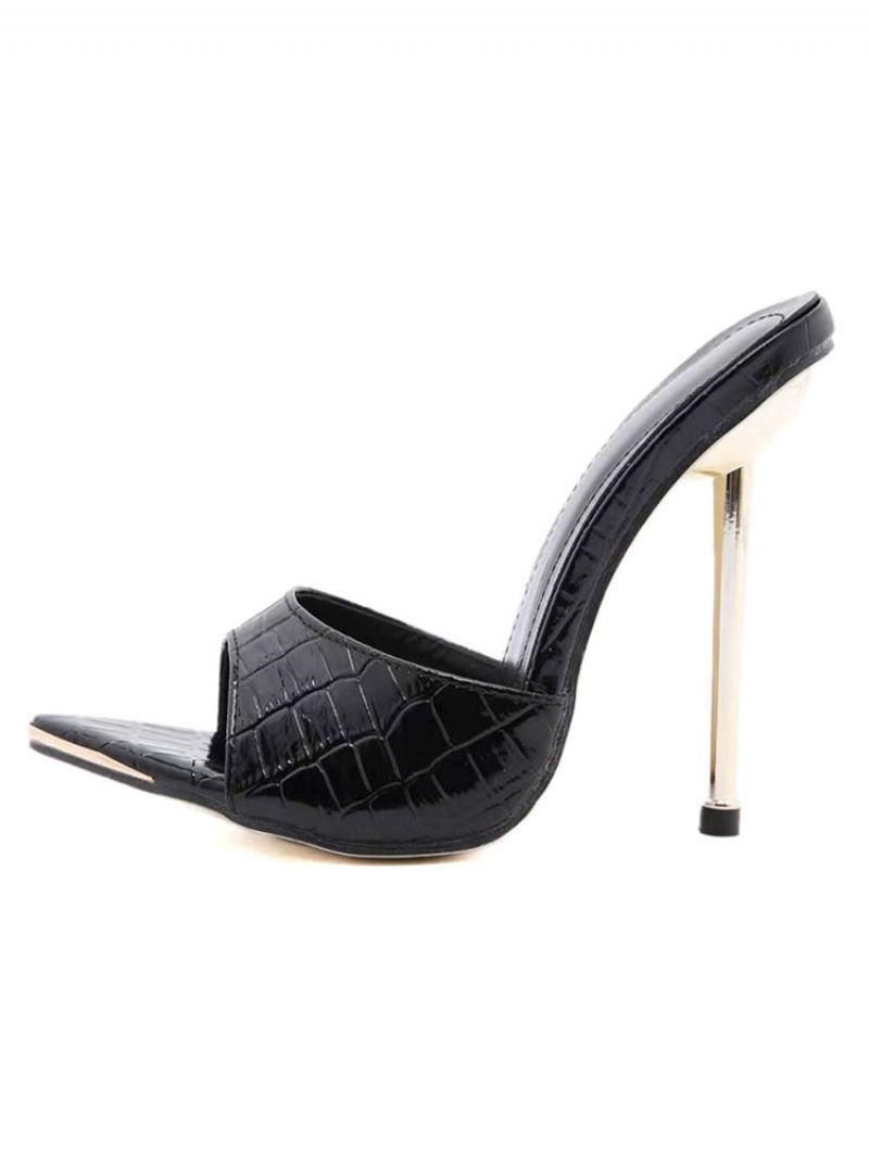 Mules À Talons Pour Femmes Bout Ouvert Marron Motif Imprimé Serpent Talon Aiguille Enfiler Cuir Pu - Noir