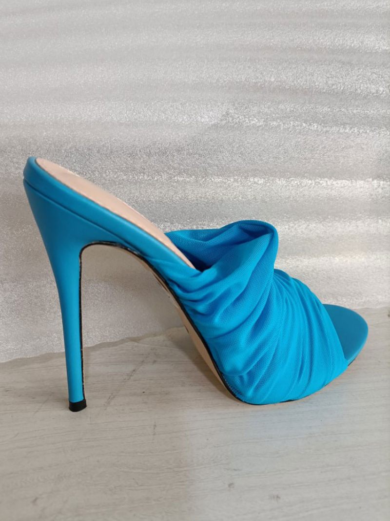 Mules À Talons Pour Femmes Talon Aiguille Tissu Élastique Noires - Bleu