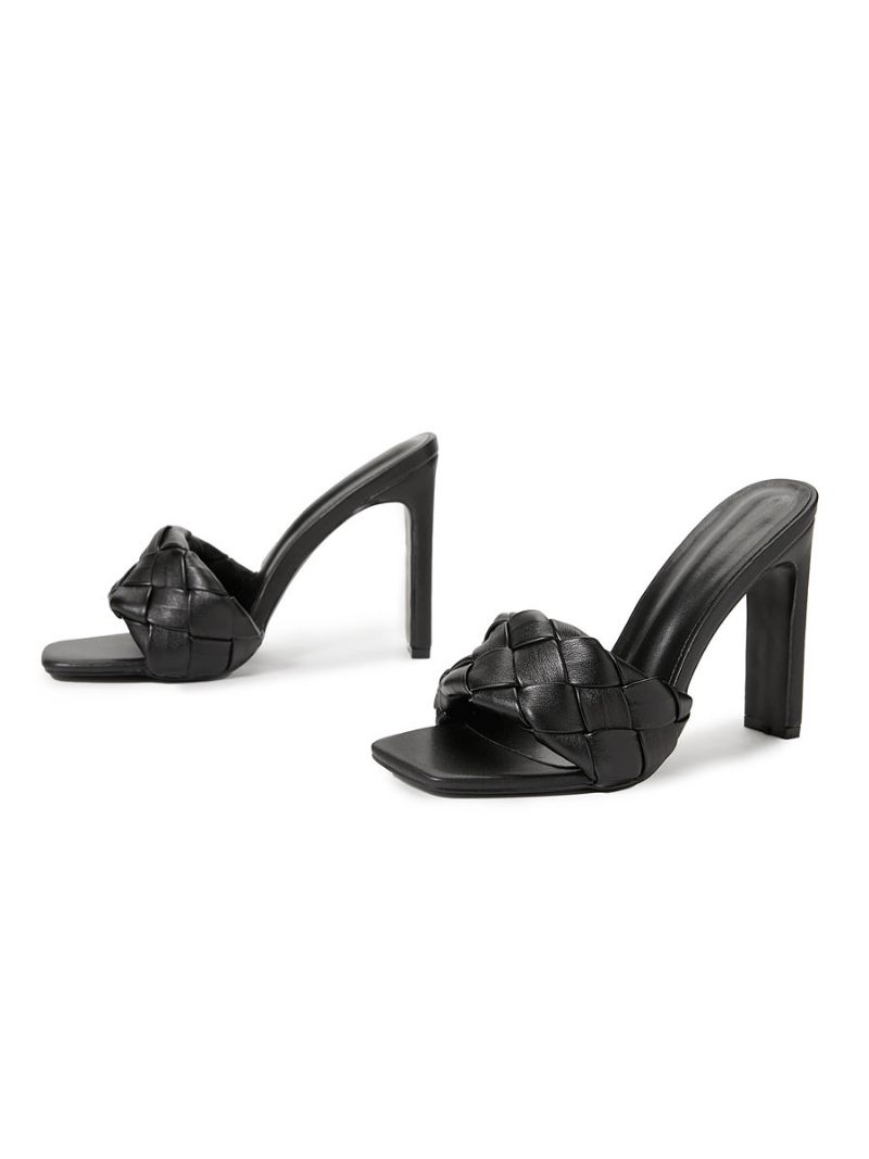 Mules À Talons Pour Femmes Talon Épais Cuir Pu Enfiler Abricot Clair - Noir