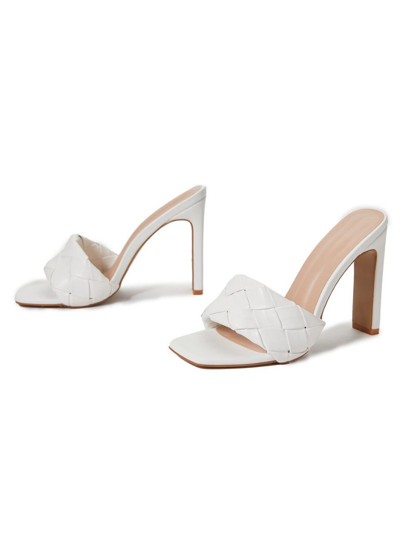 Mules À Talons Pour Femmes Talon Épais Cuir Pu Enfiler Abricot Clair - Blanc