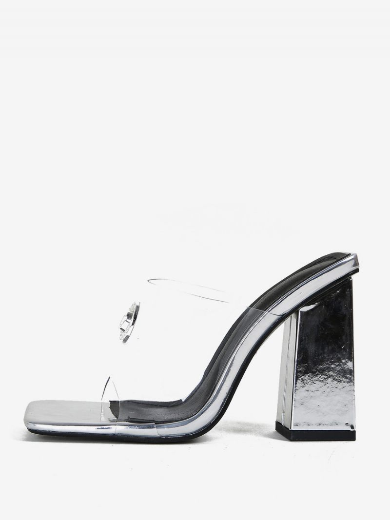 Mules À Talons Pour Femmes Tongs Supérieures Pvc Bout Carré Épais - Argent