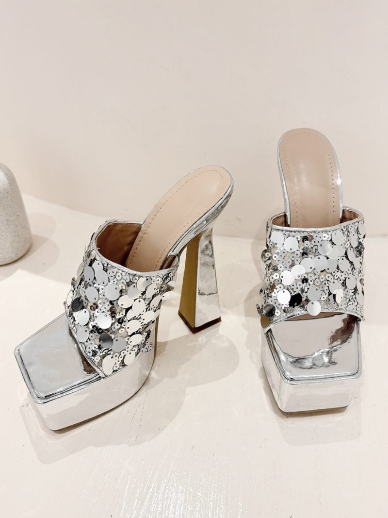 Paillettes Pour Femmes Bout Ouvert Sandales À Glissière Cuir Pu Talon Épais Argent - Argent