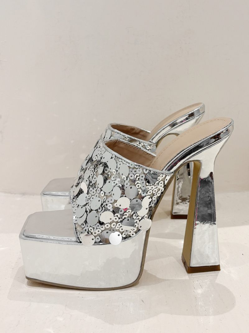 Paillettes Pour Femmes Bout Ouvert Sandales À Glissière Cuir Pu Talon Épais Argent - Argent