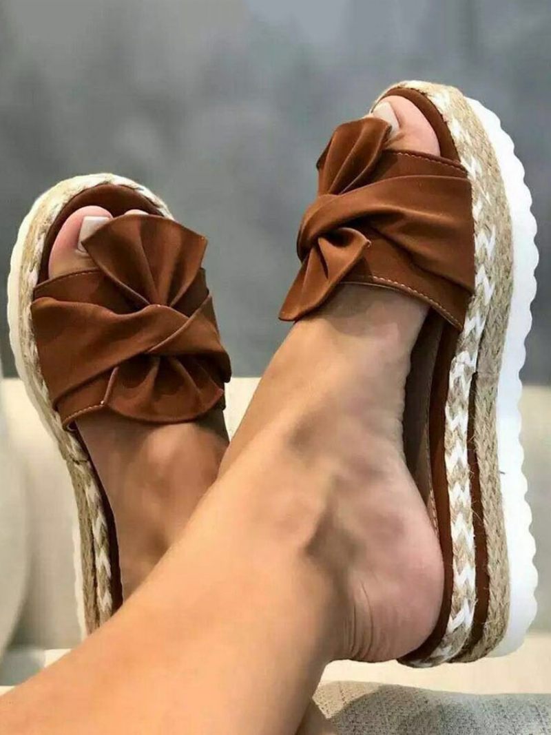 Pantoufle À Talon Marron Pour Femmes Bout Ouvert Plat Mules Talons Supérieurs Tissu Éponge