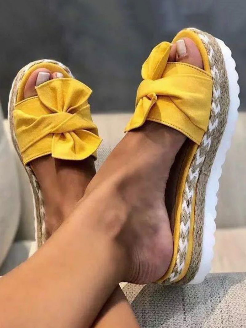 Pantoufle À Talon Marron Pour Femmes Bout Ouvert Plat Mules Talons Supérieurs Tissu Éponge - Jaune