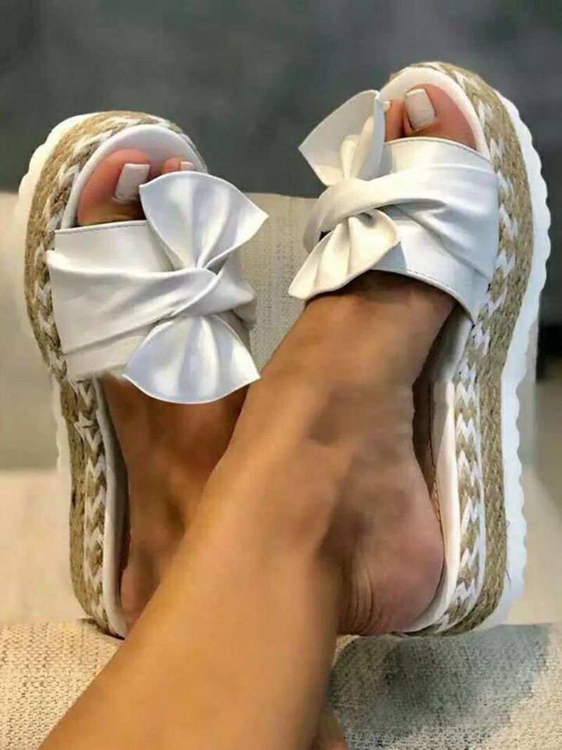 Pantoufle À Talon Marron Pour Femmes Bout Ouvert Plat Mules Talons Supérieurs Tissu Éponge - Blanc