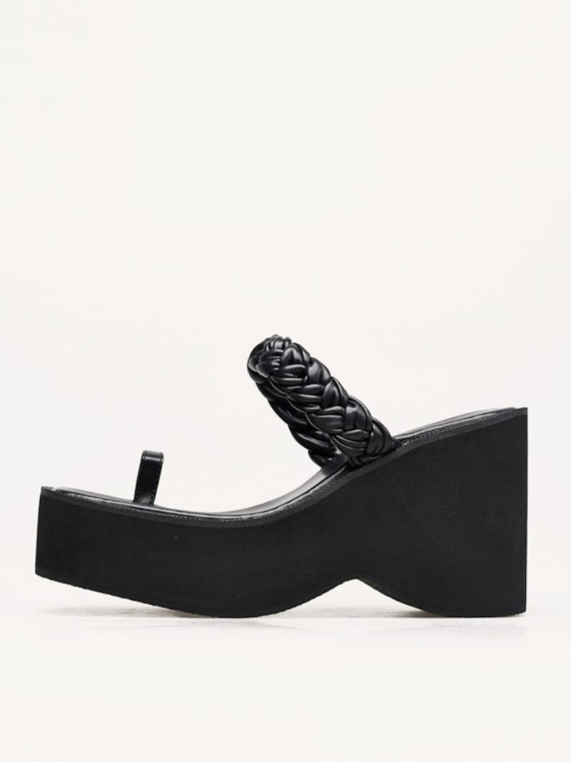 Pantoufles Compensées Noires Pour Femmes Sandales À Talons Compensés Plissés Avec Boucle D'orteil - Noir