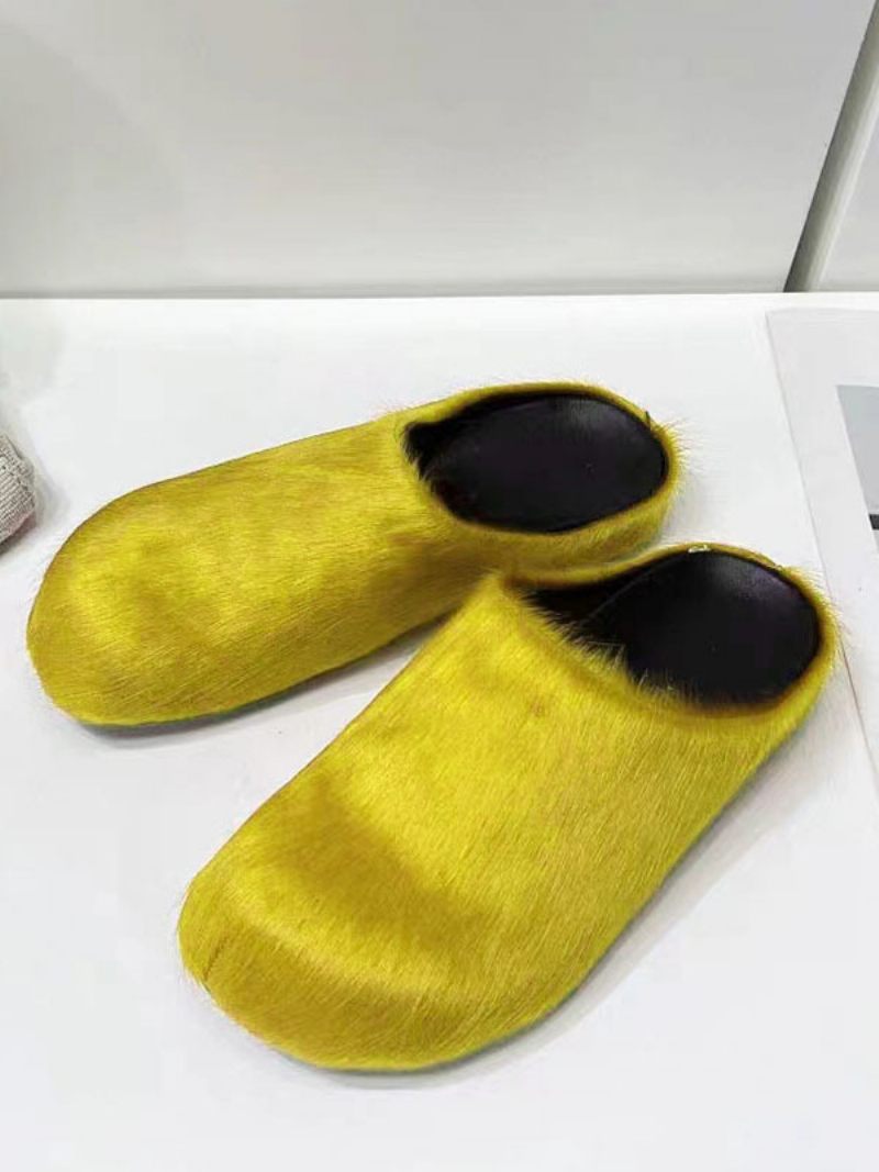 Pantoufles D'hiver Pour Femmes Fausse Fourrure Cuir Veau À Bout Rond - Jaune