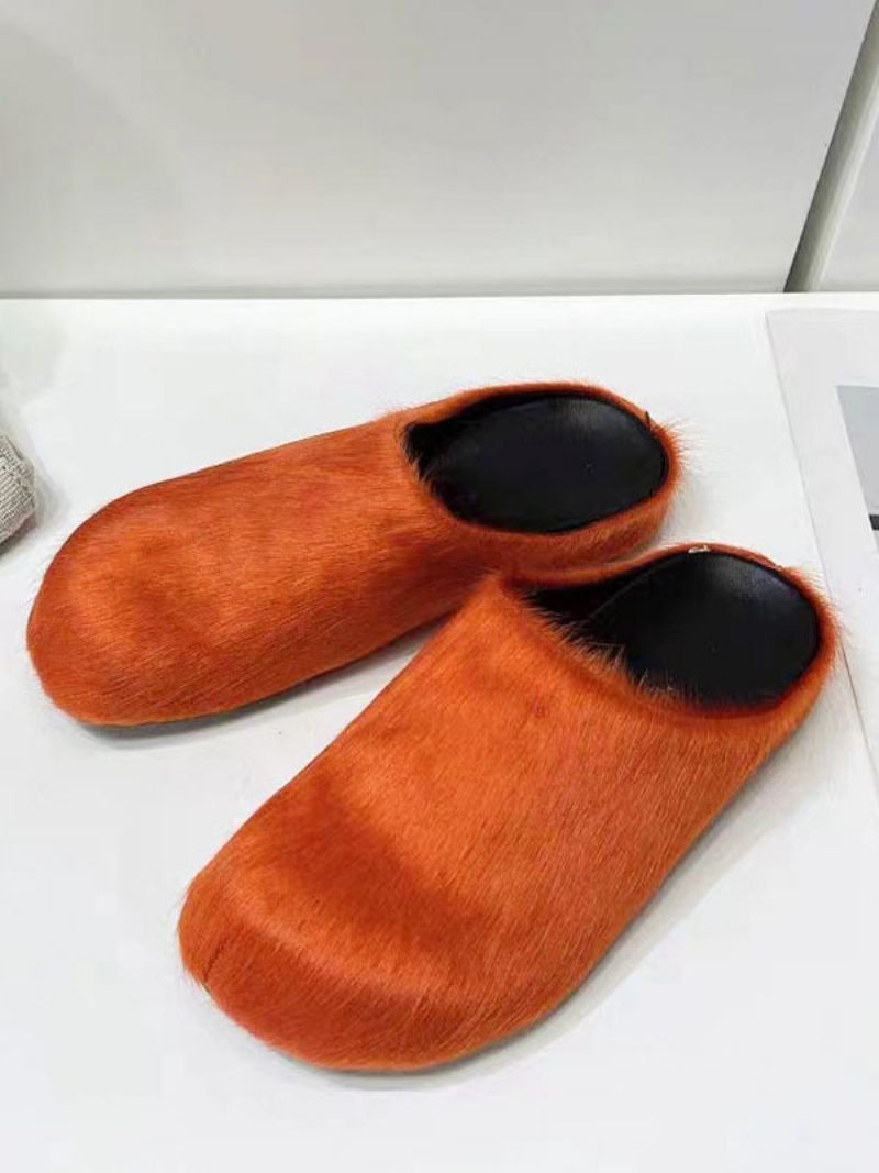 Pantoufles D'hiver Pour Femmes Fausse Fourrure Cuir Veau À Bout Rond - Orange