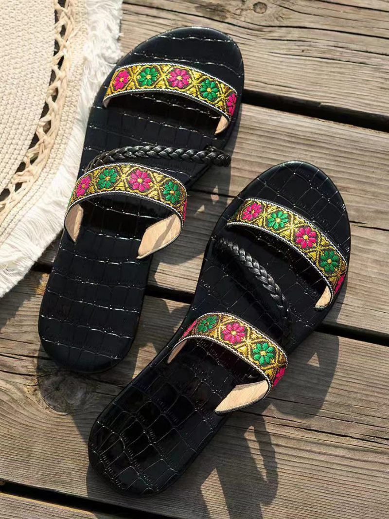 Sandales Boho Pour Femmes Pantoufles Plage Plates À Bout Ouvert - Noir