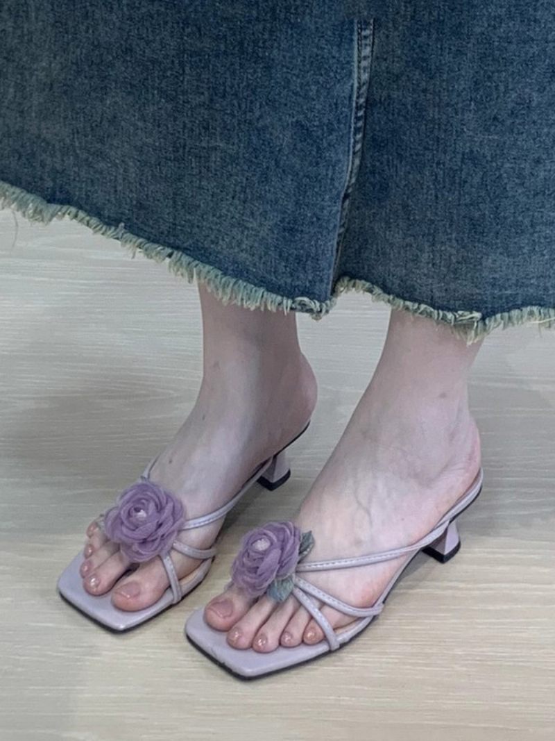 Sandales À Glissière Pour Femmes Chic Fleurs Cuir Pu Bout Ouvert Pantoufles Talons Chaton