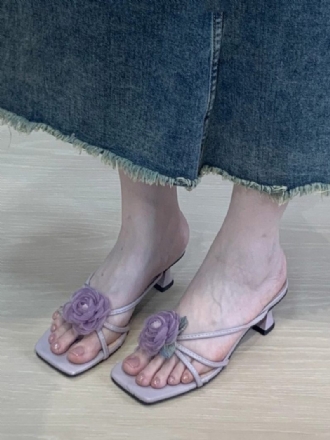 Sandales À Glissière Pour Femmes Chic Fleurs Cuir Pu Bout Ouvert Pantoufles Talons Chaton