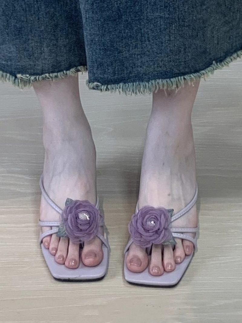 Sandales À Glissière Pour Femmes Chic Fleurs Cuir Pu Bout Ouvert Pantoufles Talons Chaton - Violet