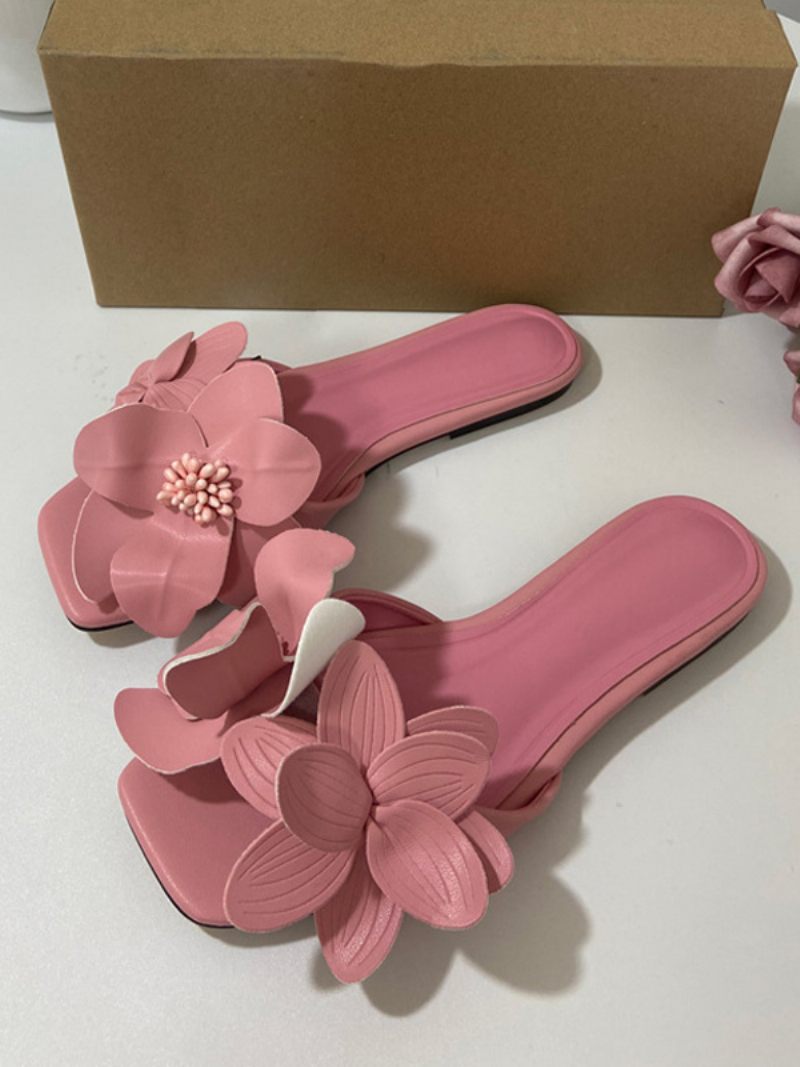 Sandales À Glissière Pour Femmes Chic Fleurs Microfibre Bout Ouvert Chaton Talon Pantoufles - Rose