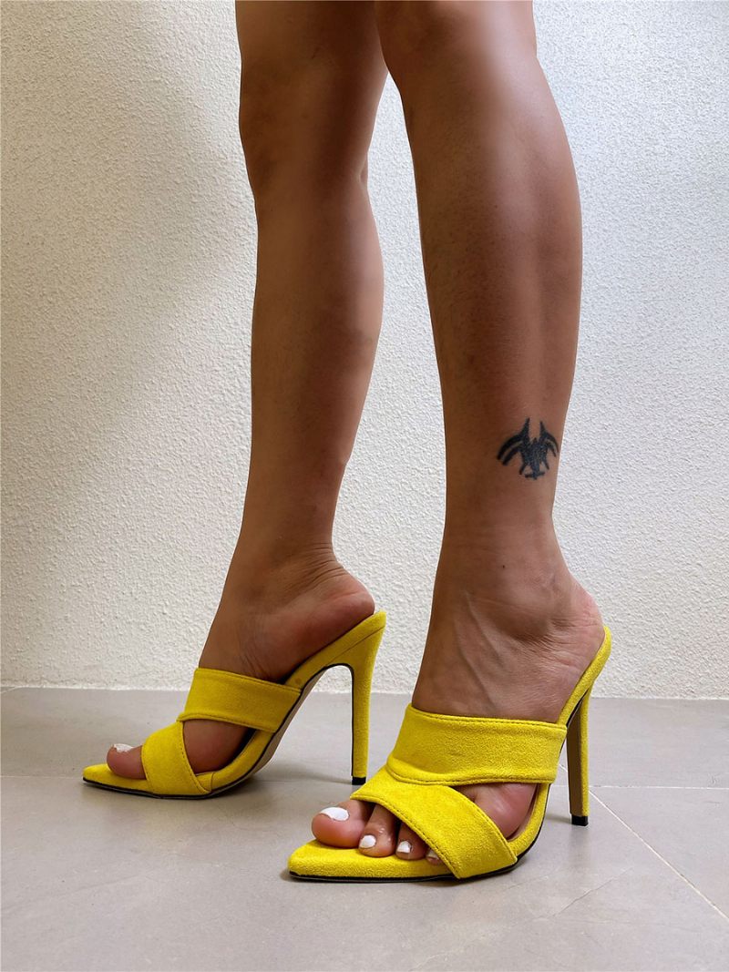 Sandales À Glissière Pour Femmes Chic Micro Daim Supérieur Bout Pointu Talon Aiguille Pantoufles - Jaune