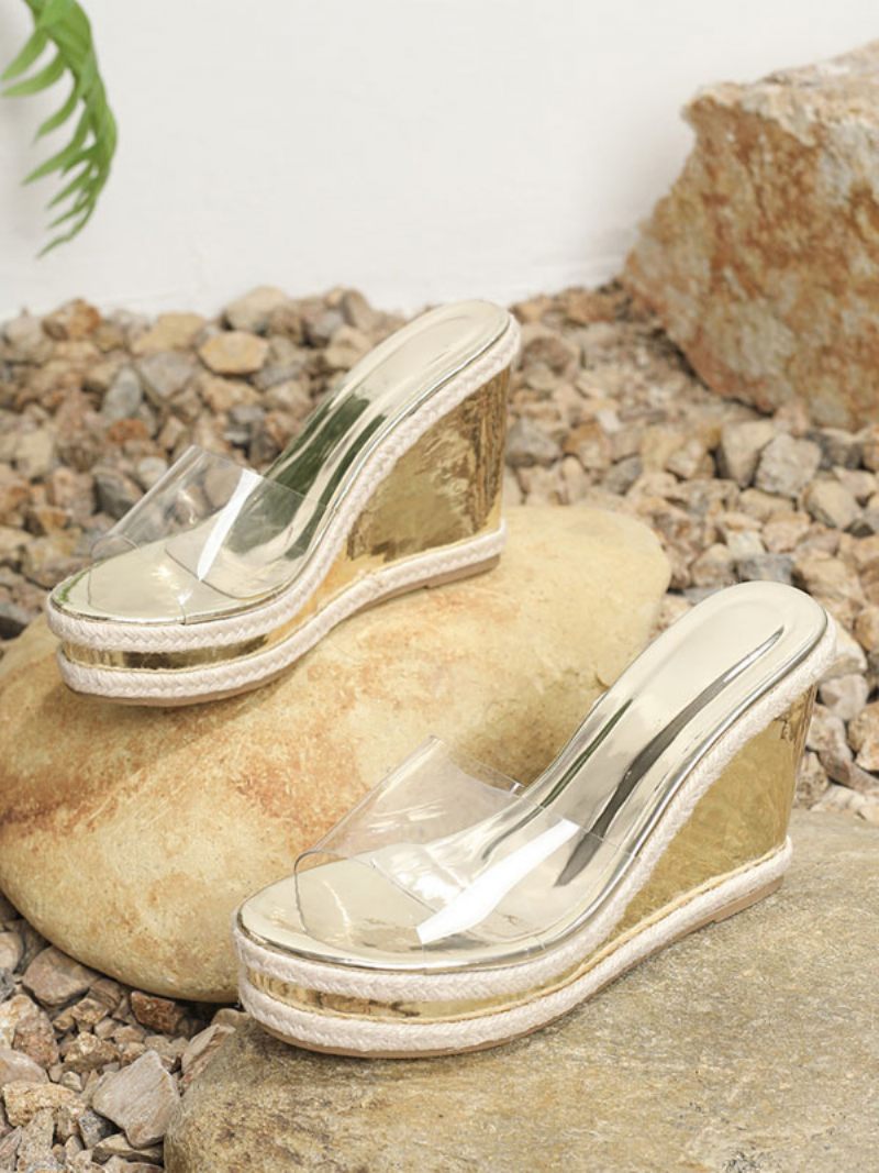 Sandales À Glissière Pour Femmes Chic Pvc Upper Peep Toe Wedge Heel Pantoufles - Or