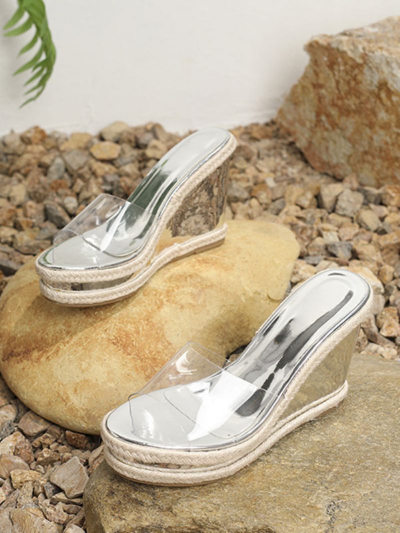 Sandales À Glissière Pour Femmes Chic Pvc Upper Peep Toe Wedge Heel Pantoufles - Argent