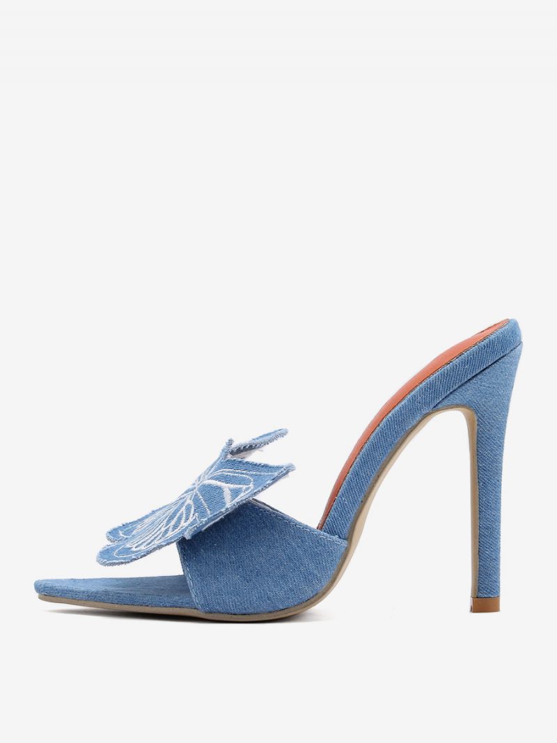 Sandales À Glissière Pour Femmes Chic Textile Bout Pointu Pantoufles Talons Aiguilles - Bleu Ciel Clair