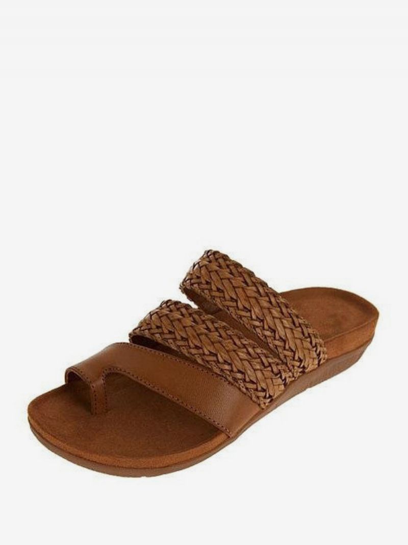 Sandales À Glissière Pour Femmes Pantoufles Plates Chics Cuir Pu Bout Ouvert - Marron Foncé