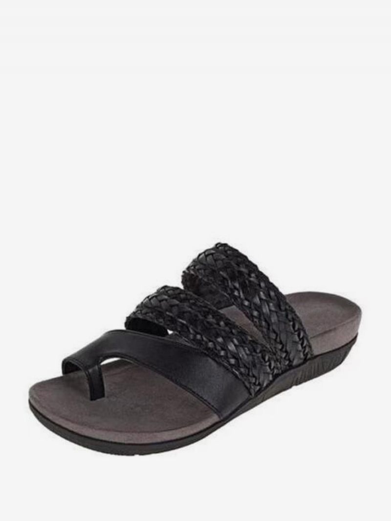 Sandales À Glissière Pour Femmes Pantoufles Plates Chics Cuir Pu Bout Ouvert - Noir