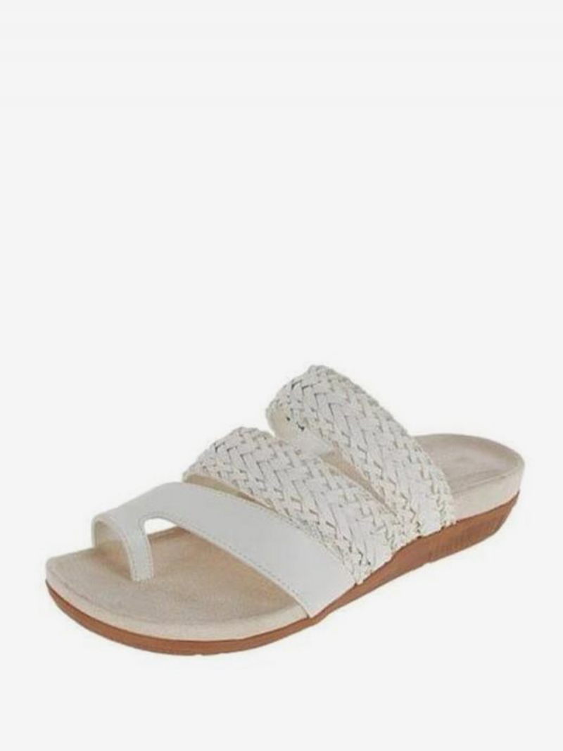 Sandales À Glissière Pour Femmes Pantoufles Plates Chics Cuir Pu Bout Ouvert - Blanc