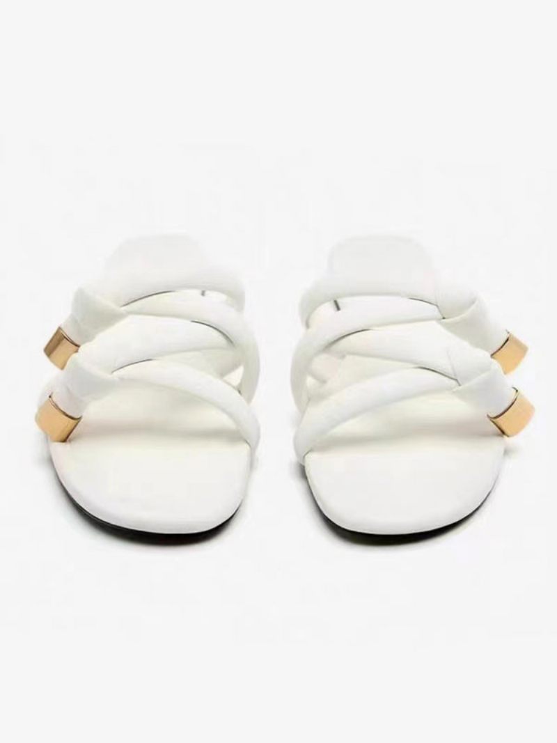 Sandales À Glissière Pour Femmes Pantoufles Plates Chics Cuir Pu Bout Ouvert - Blanc