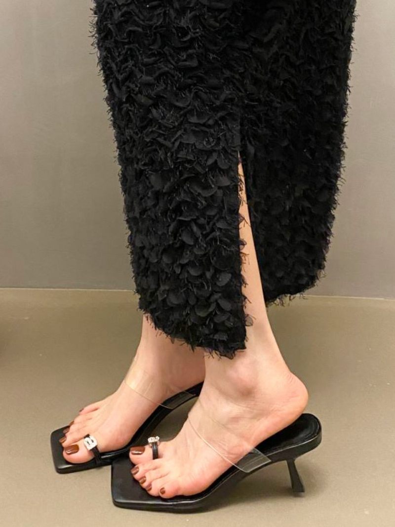 Sandales À Glissière Pour Femmes Strass Élégants Cuir Pu Transparent Bout Carré Pantoufles Talons Aiguilles - Noir