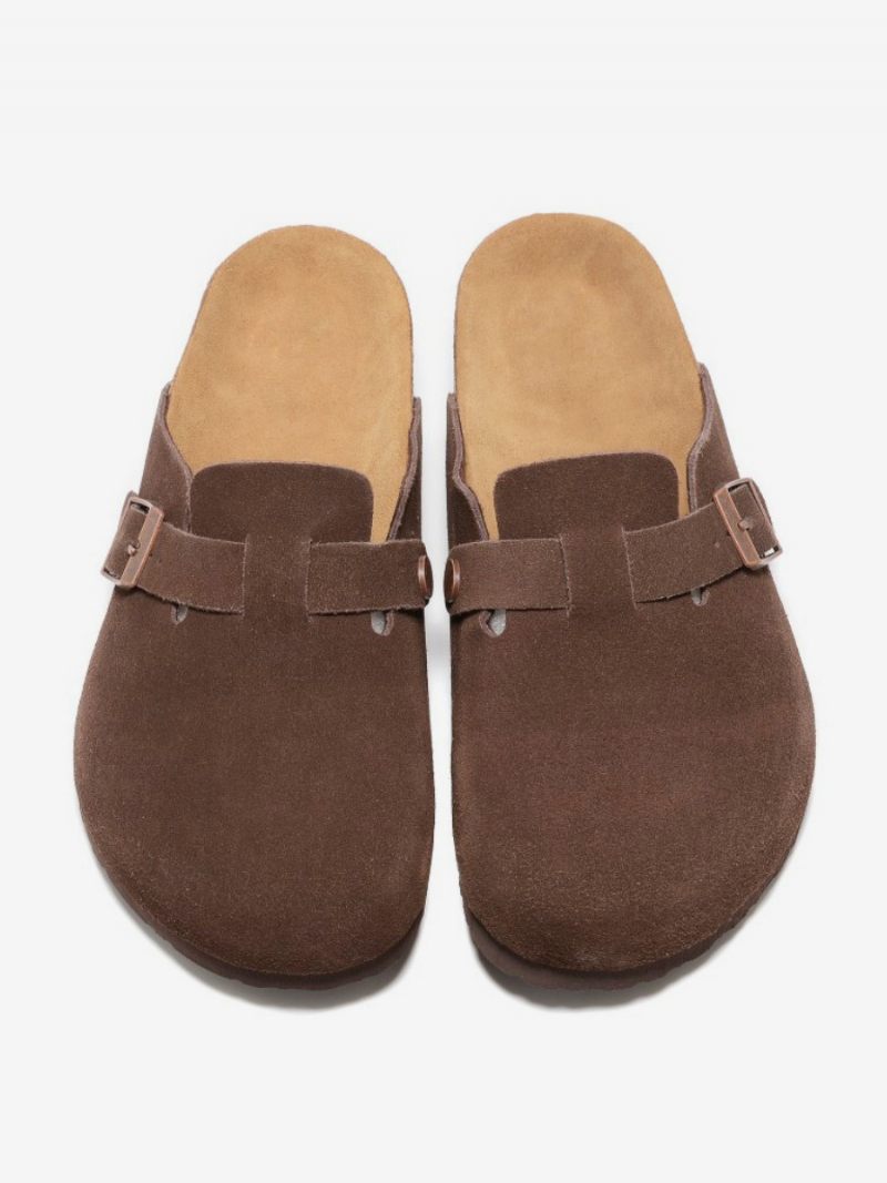 Sandales À Glissière Marron Café Cuir Vache Bout Rond Pour Femmes - Café Marron