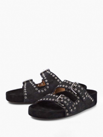 Sandales À Glissière Noires Pour Femmes Pantoufles Chics Boucle Nubuck Bout Rond