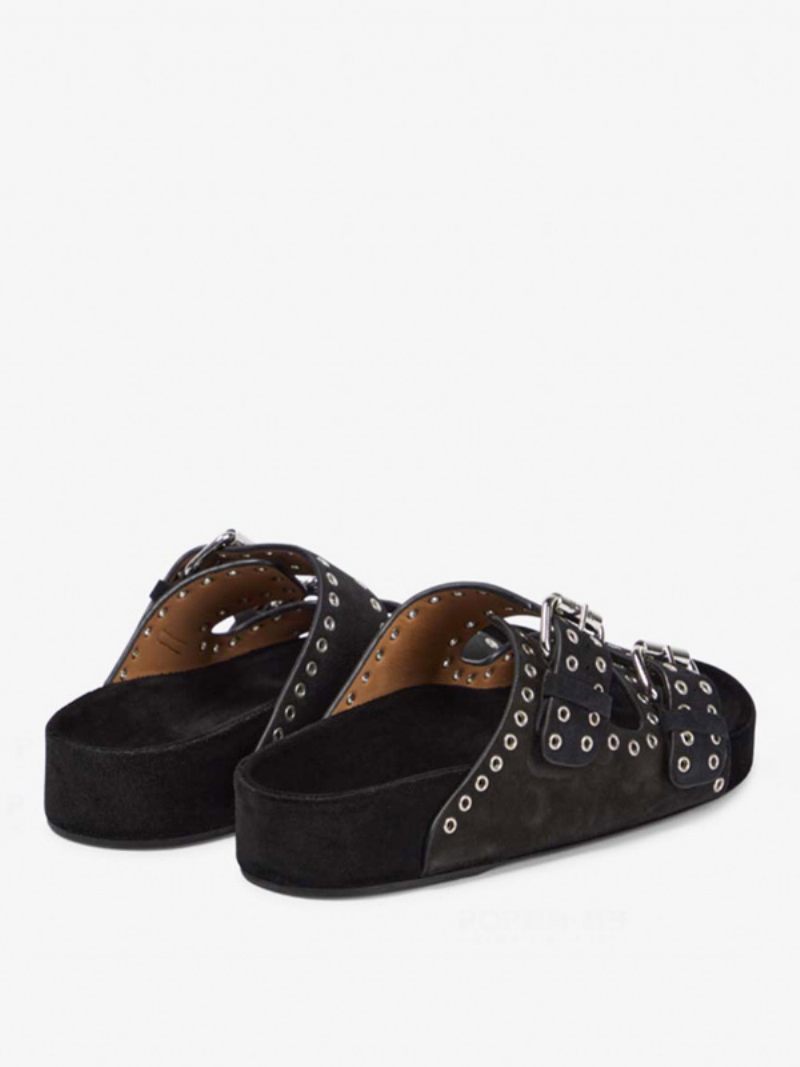 Sandales À Glissière Noires Pour Femmes Pantoufles Chics Boucle Nubuck Bout Rond - Noir