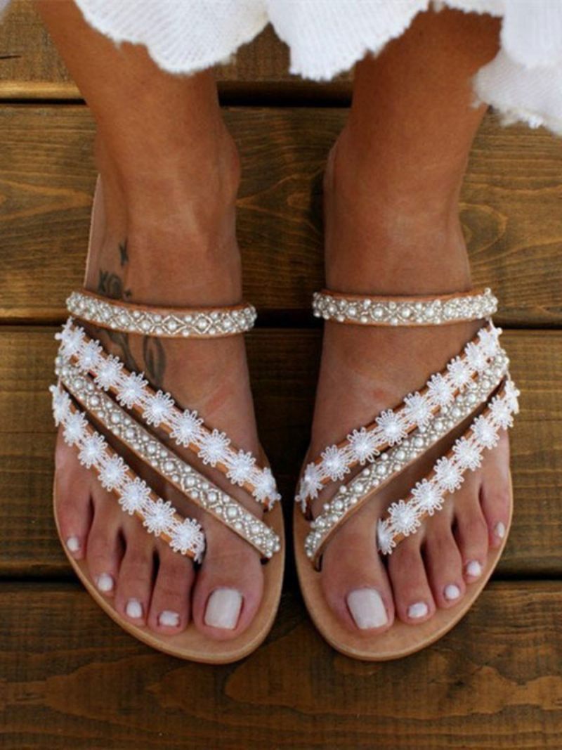 Sandales Mariage Plage Plates À Bijoux Pour Femmes - Blanc