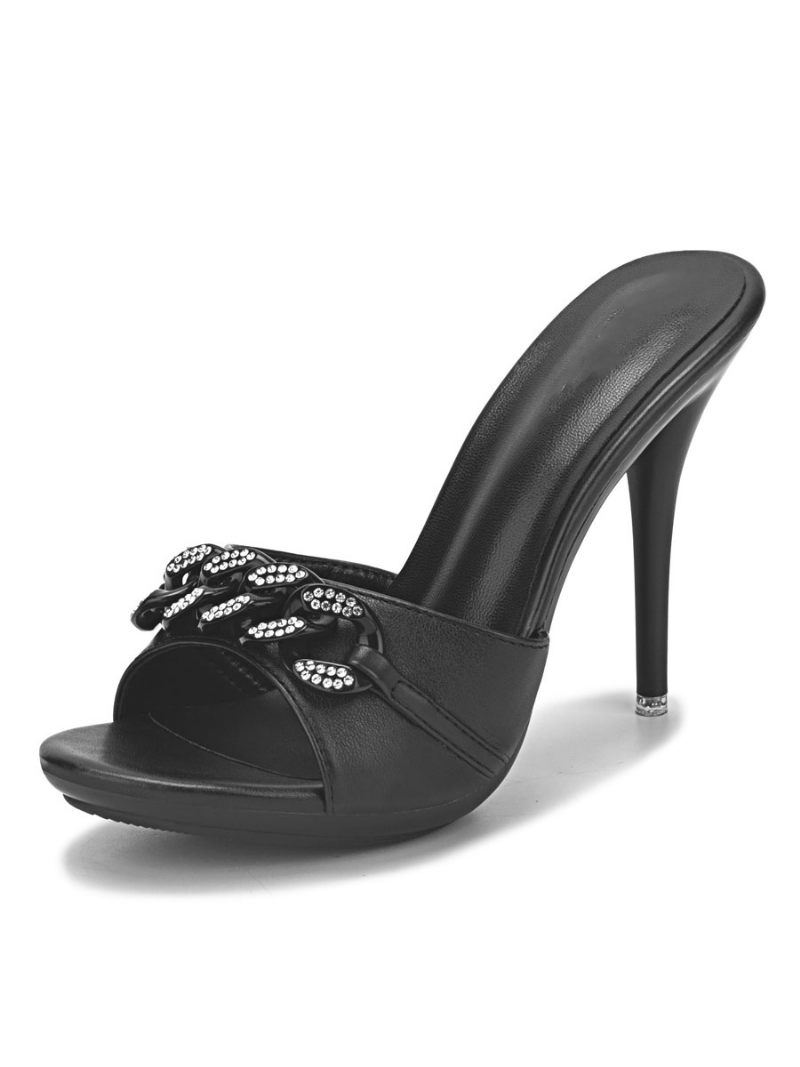 Talons Mules À Chaînes Strass Pour Femmes - Noir