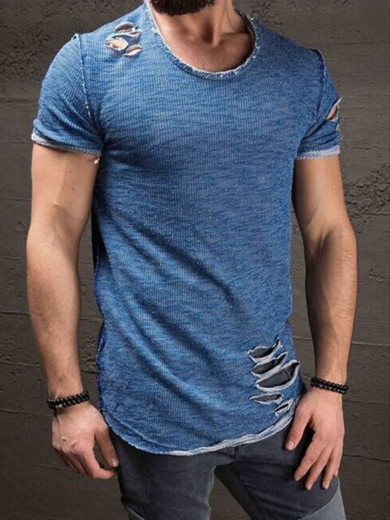 T-shirts Pour Hommes Casual Jewel Neck Manches Courtes - Bleu