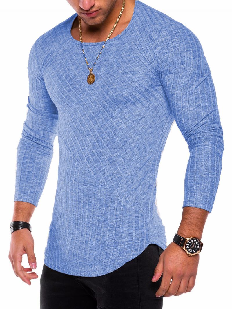 T-shirts Pour Hommes Casual Jewel Neck Manches Longues - Bleu Ciel Clair