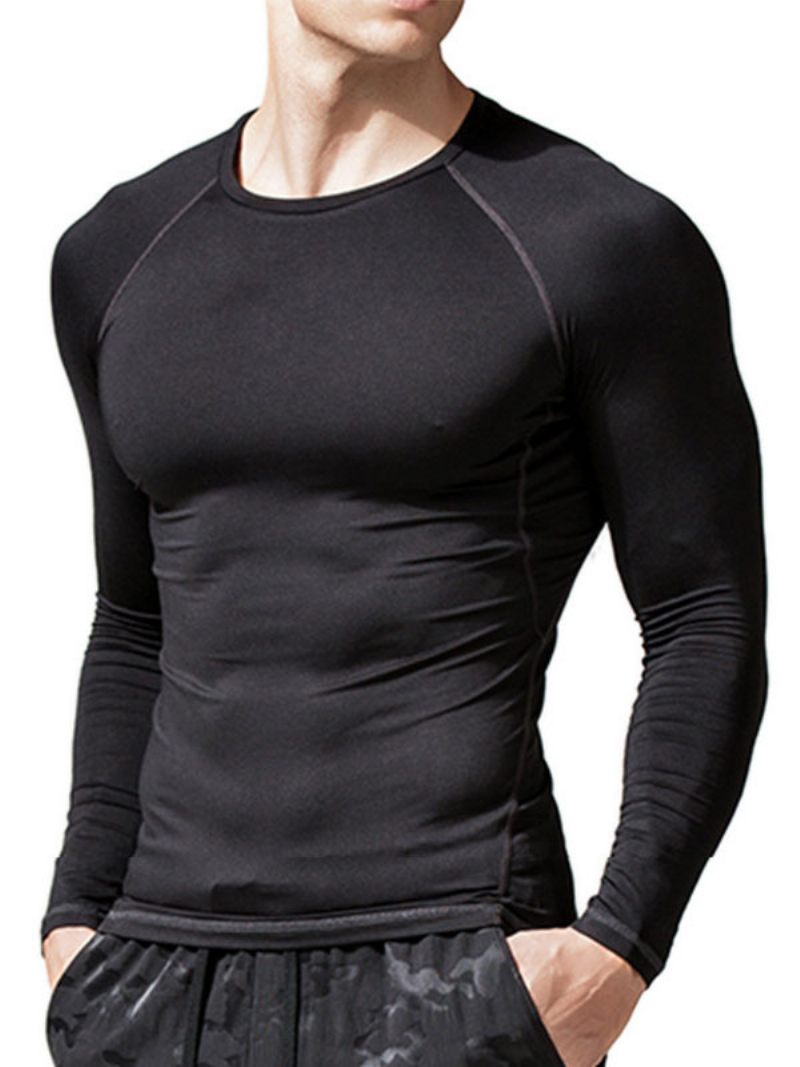 T-shirts Pour Hommes Casual Jewel Neck Manches Longues - Noir