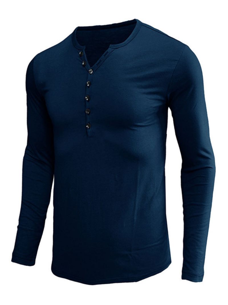 T-shirts Pour Hommes Casual Jewel Neck Manches Longues - Bleu Profond