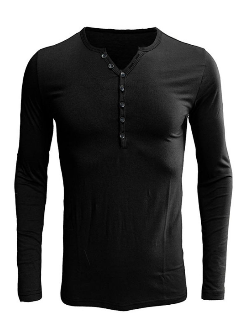 T-shirts Pour Hommes Casual Jewel Neck Manches Longues - Noir