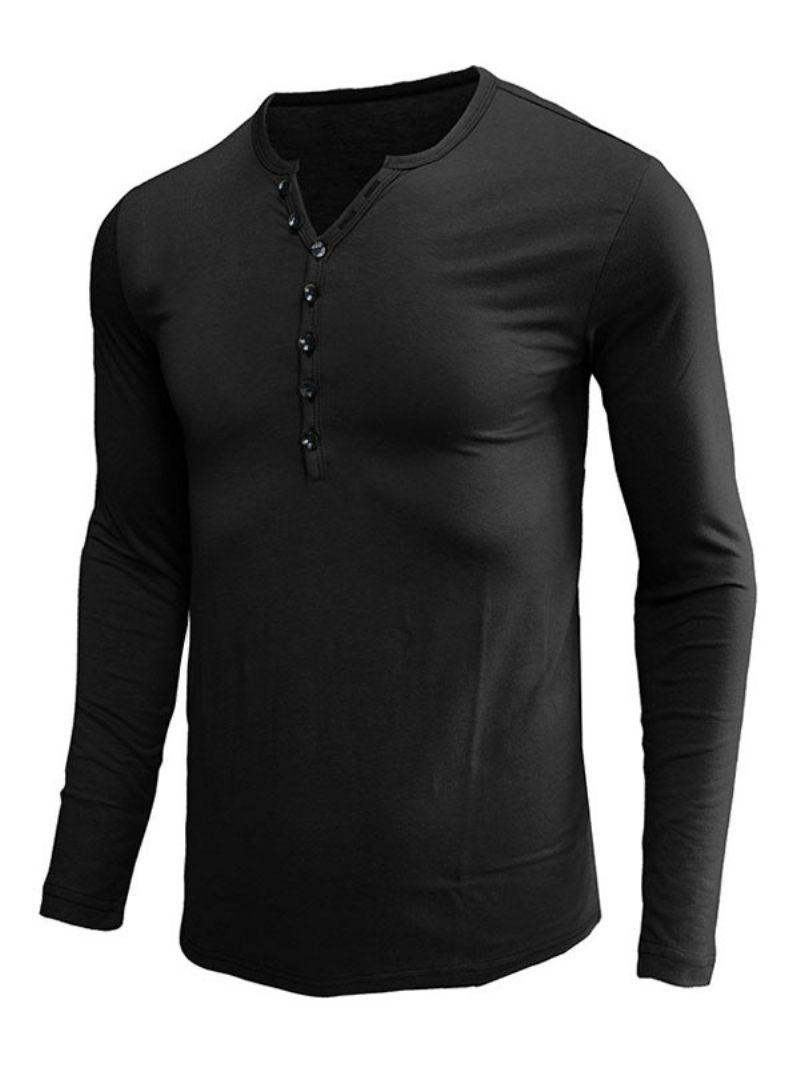 T-shirts Pour Hommes Casual Jewel Neck Manches Longues - Noir