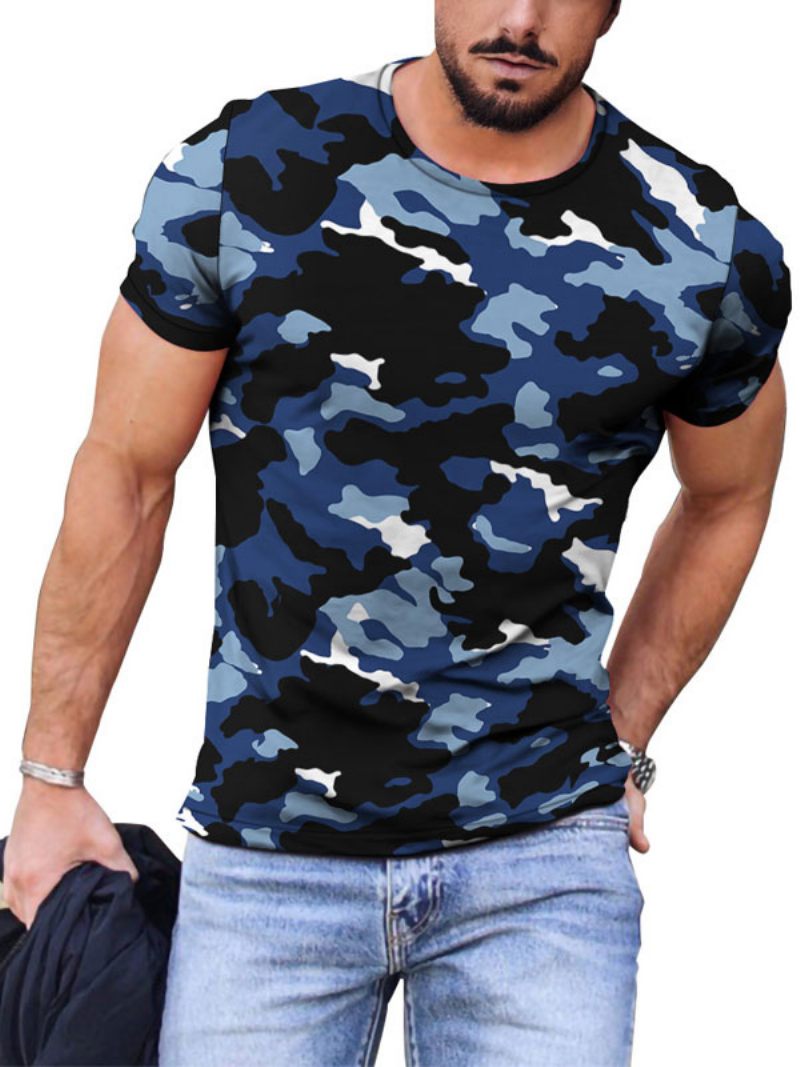 T-shirts Pour Hommes Décontracté Col Bijou Bloc Couleur Manches Courtes - Bleu