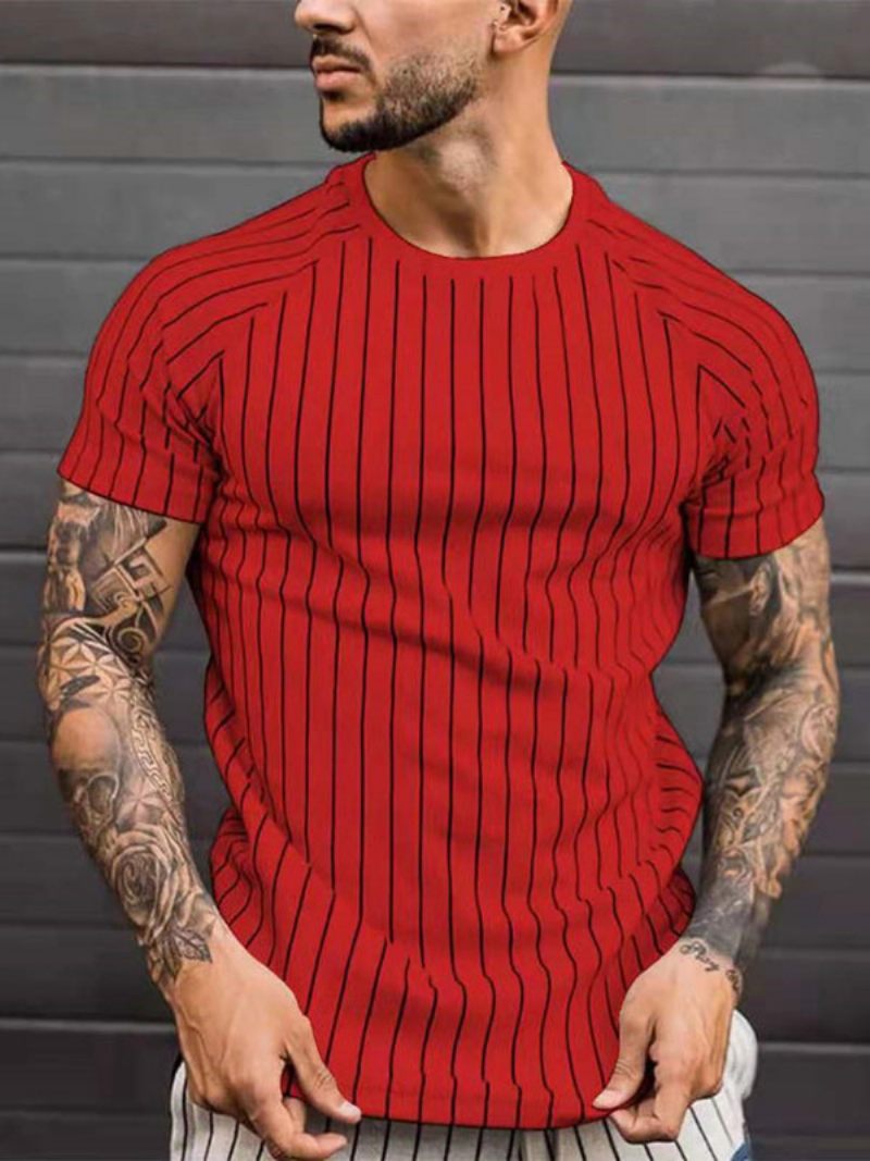 T-shirts Pour Hommes Décontracté Col Bijou Rayures Manches Courtes - Rouge