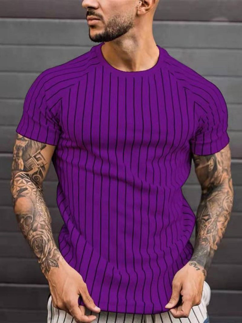 T-shirts Pour Hommes Décontracté Col Bijou Rayures Manches Courtes - Violet Royal