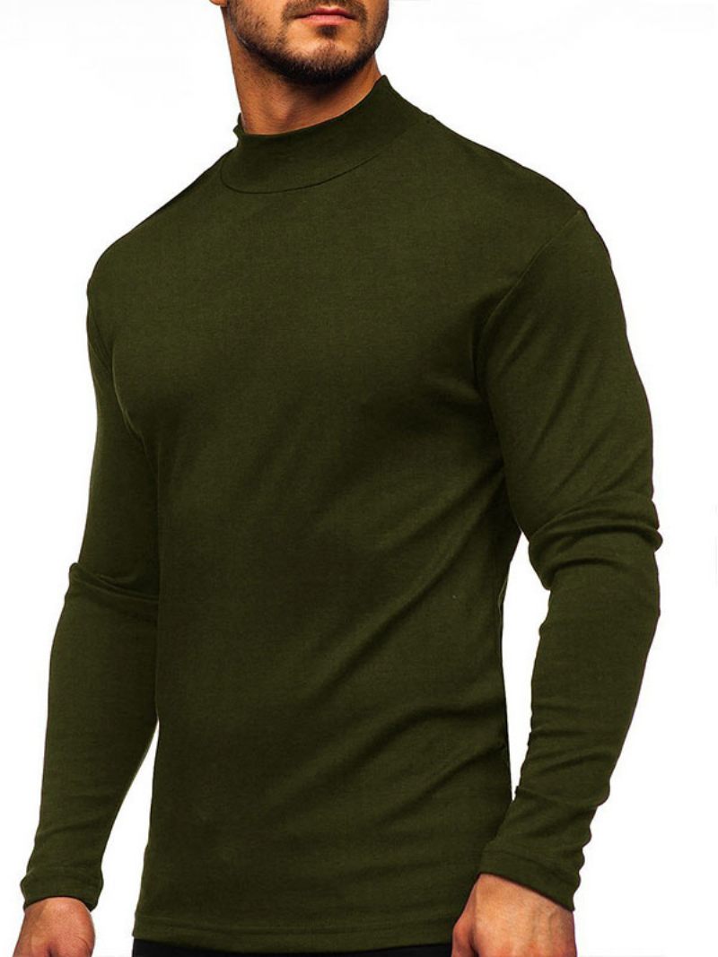 T-shirts Pour Hommes Décontractés Col Haut Manches Longues Surdimensionnées - Olive